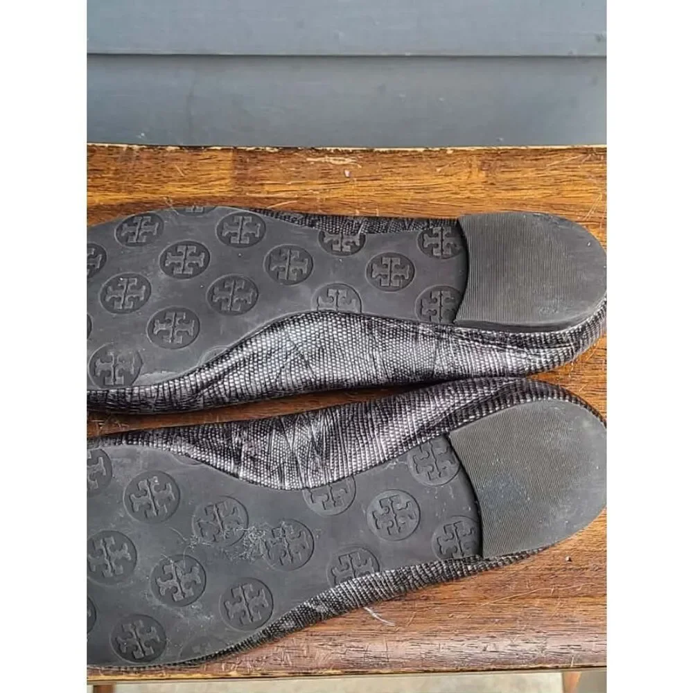 Tory Burch Reva Black Silver Snake Print Leather Ballet Flats size 8M